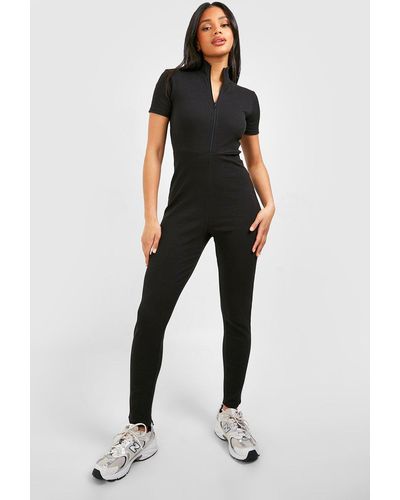 Boohoo Rib Zip Front Short Sleeve Unitard Jumpsuit - Black