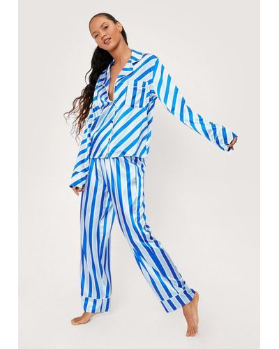 Nasty Gal Satin Varying Stripe Shirt And Trousers Pyjama Set - Blue