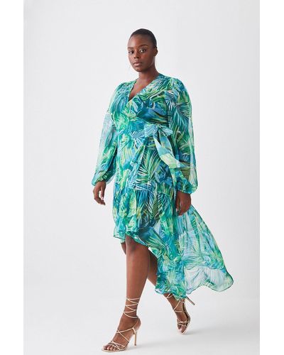 Karen Millen Plus Size Tropical Printed Plunge Beach Drama Maxi Dress - Blue