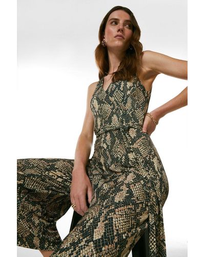 Karen Millen Snake Print Wrap Front Culotte Leg Jersey Jumpsuit - Green