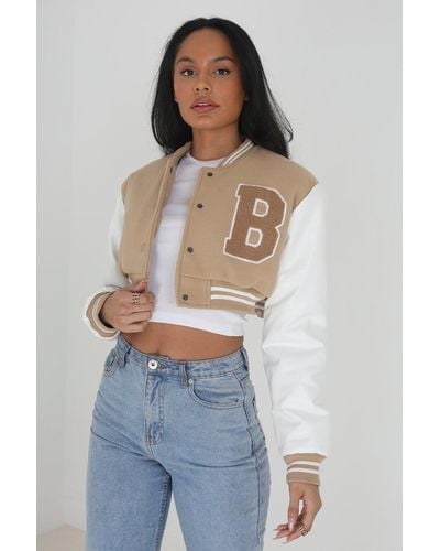 Brave Soul Faux Wool 'lucy' Cropped Varsity Bomber Jacket - Blue