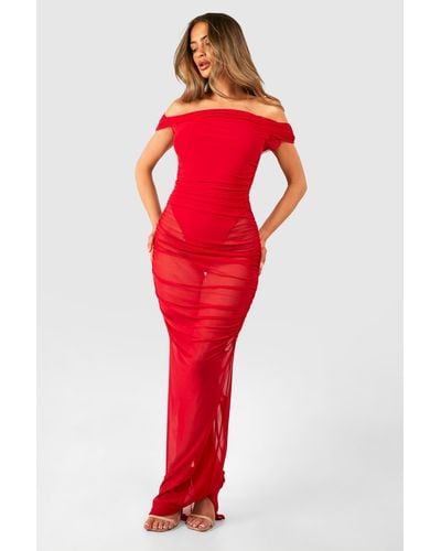 Boohoo Bardot Ruched Mesh Maxi Dress - Red