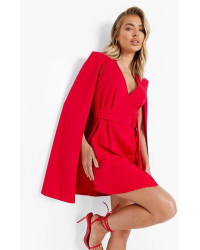 Boohoo Cape Sleeve Belted Mini Blazer Dress - Red