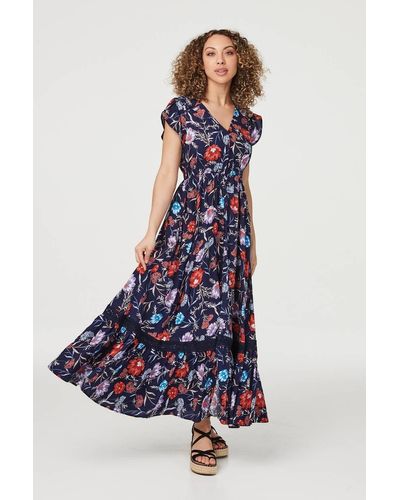 Izabel London Floral Cap Sleeve Maxi Dress - Blue