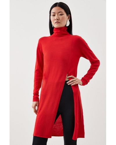 Karen Millen Cashmere Wool Deep Slip Longline Knit Top - Red
