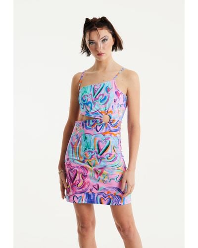 House of Holland Heart Printed Jersey Mini Dress With Cut Out Details In Pink - White