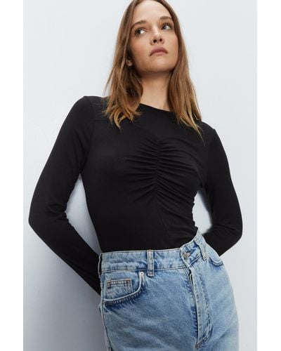 Warehouse Ruched Bodice Detail Long Sleeve Top - Black