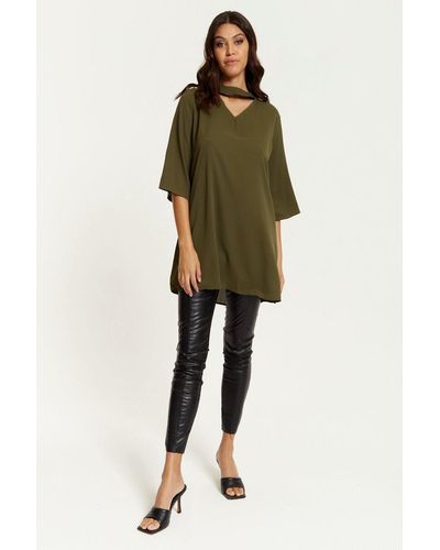 Hoxton Gal Oversized Neck Detailed Tunic With 3/4 Sleeves - Green
