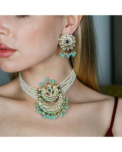 The Colourful Aura White Pearl Turquoise Stone Dangle Diana Choker Bridal Kundan Necklace - Green