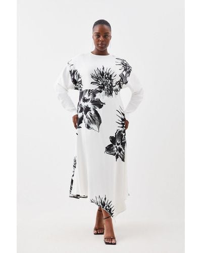 Karen Millen Plus Size Satin Crepe Floral Long Sleeve Midi Dress - White