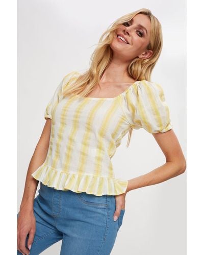 Dorothy Perkins Yellow Stripe Linen Look Smocked Co-ord Top - White