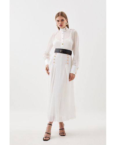 Karen Millen Petite Military Belted Sheer Woven Maxi Dress - Natural