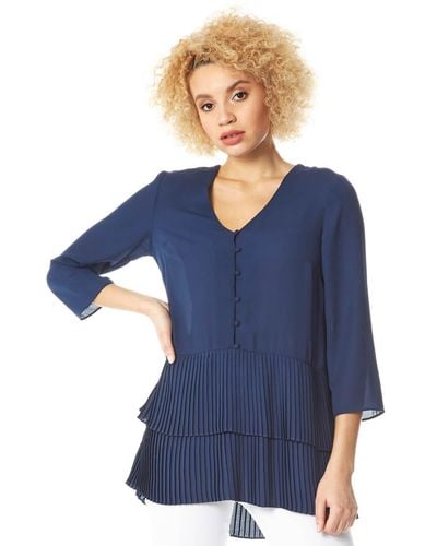 Roman 3/4 Sleeve Pleated Button Front Top - Blue