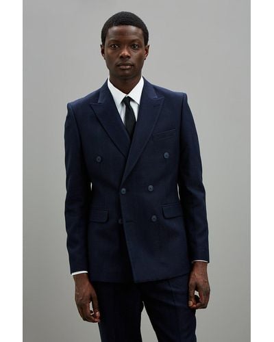 Burton Slim Fit Navy Self Stripe Double Breasted Suit Jacket - Blue