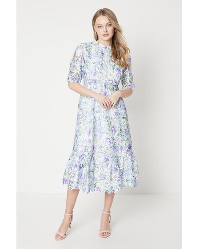 Oasis Occasion Floral Lace Button Through Midi Dress - Blue