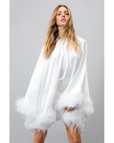 Nasty Gal Feather Trim Satin Swing Dress - White