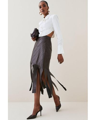 Karen Millen Leather Diagonal Panel Tassel Hem Midi Skirt - Natural