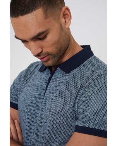 Threadbare 'leonard' Cotton Jacquard Quarter Zip Polo Shirt - Blue