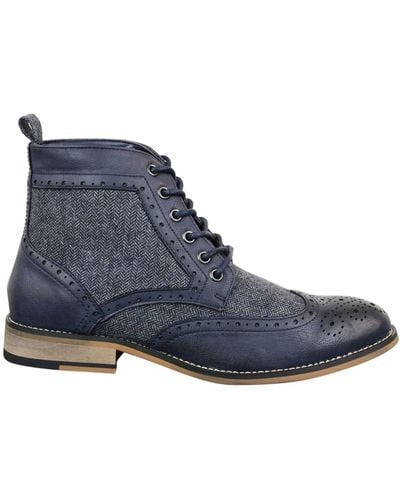 House Of Cavani Mens Classic Tweed Oxford Ankle Boots In Navy Leather - Blue