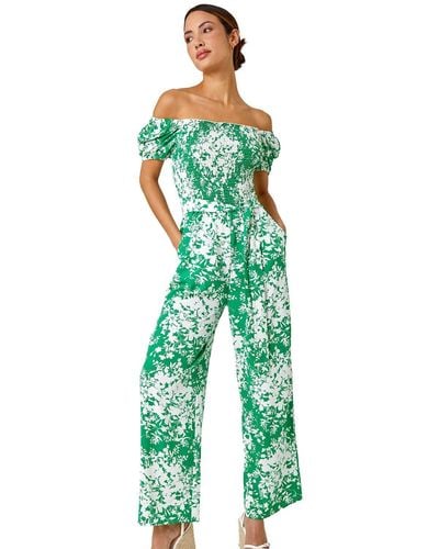 Roman Ditsy Floral Stretch Shirred Jumpsuit - Green