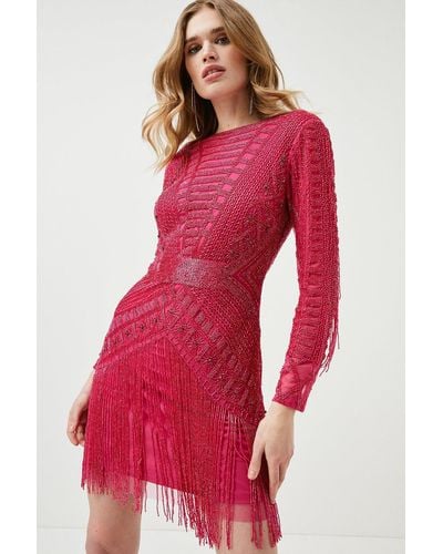 Karen Millen Petite Beaded Fringed Woven Mini Dress - Red