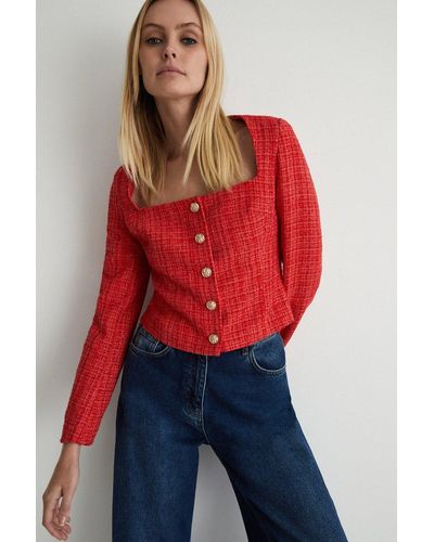 Warehouse Tweed Square Neck Jacket - Red