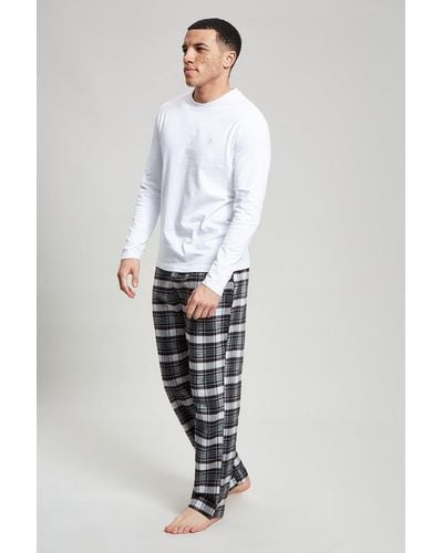 Burton White Long Sleeve T-shirt & Grey Check Pyjama Set