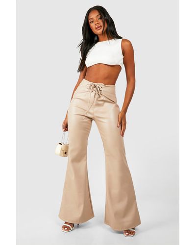 Boohoo Leather Look Lace Up Flared Trouser - Natural