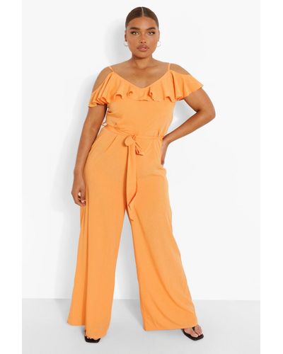 Boohoo Plus Frill Cold Shoulder Jumpsuit - Orange