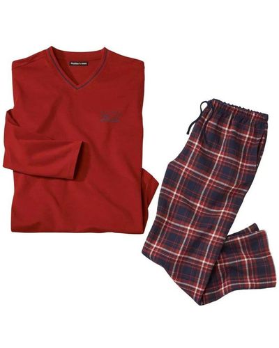 Atlas For Men Checked Cotton & Flannel Long Pyjama Set - Red