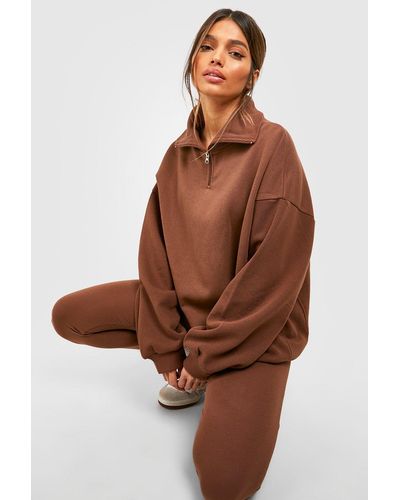 Boohoo Half Zip Sweatshirt And Legging Tracksuit - Brown