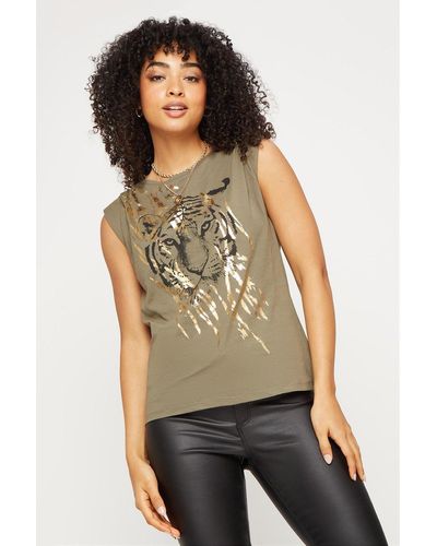 Dorothy Perkins Tiger Graphic Foil Top - Green