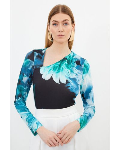 Karen Millen Photographic Floral Asymmetrical Jersey Bodysuit - Blue