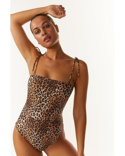 Coast Tie Shoulder Leopard Print Swimsuit - Brown
