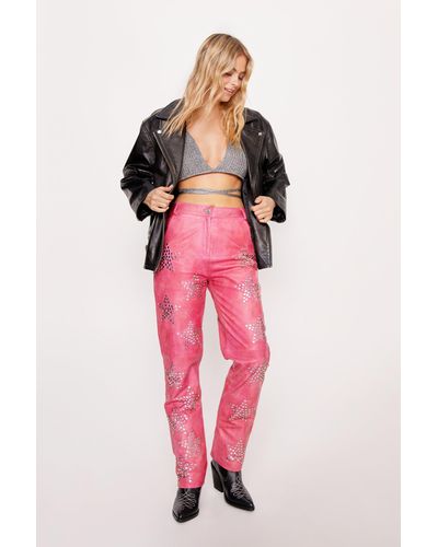Nasty Gal Petite Real Leather Star Studded Straight Leg Trousers - Pink