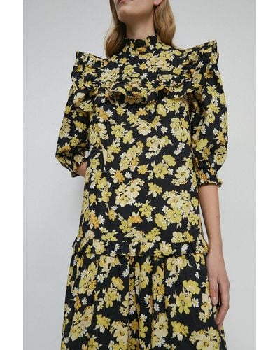Warehouse Cotton Frill Midi Dress In Floral - Yellow