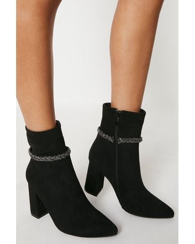 Coast Tululla Plaited Diamante Strap Pointed Block Heel Ankle Boot - Black
