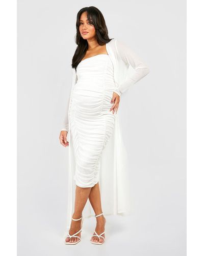Boohoo Maternity Bandeau Mesh Midaxi Dress And Duster Set - White