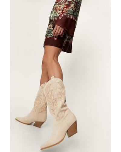 Nasty Gal Faux Suede Embroidered Cowboy Boots - Natural