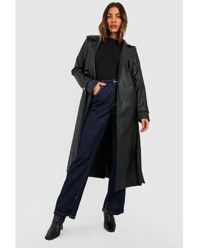 Boohoo Faux Leather Trench Coat - Black