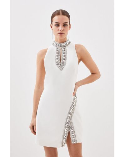 KarenMillen Petite Crystal Embellished Woven Mini Dress - White