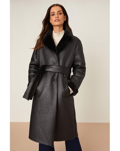 Dorothy Perkins Petite Luxe Faux Fur Belted Wrap Coat - Black