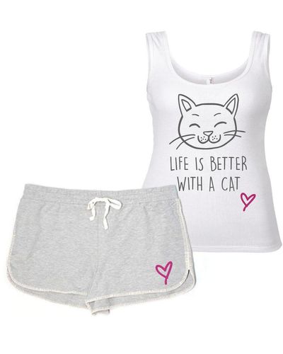 60 SECOND MAKEOVER Cat Life Is Better With A Cat Pyjama Set - White