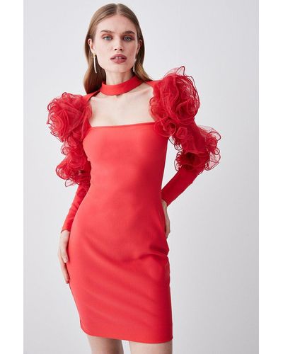 Karen Millen Tulle Detail Ponte Mini Dress - Red