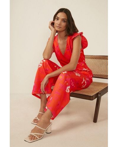 Oasis Orange Floral Print Tie Waist Scuba Jumpsuit - Red