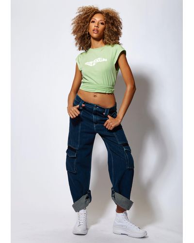 House of Holland Logo Tie Detail Crop Top In Wasabi Green - Blue
