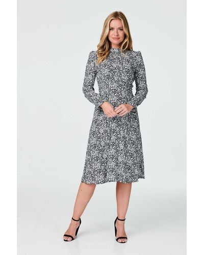 Izabel London Floral High Neck Long Sleeve Dress - Grey