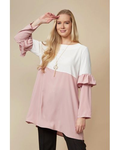 Hoxton Gal Oversized Long Sleeves Frill Detailed Colour Block Tunic Top - Pink