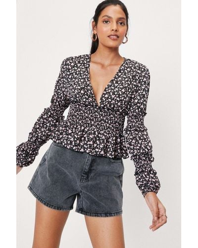 Nasty Gal Floral Print Shirred Cropped Blouse - Purple
