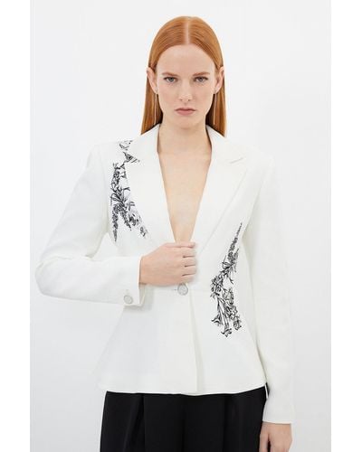 Karen Millen Petite Compact Viscose Tailored Peplum Embroidered Blazer - White